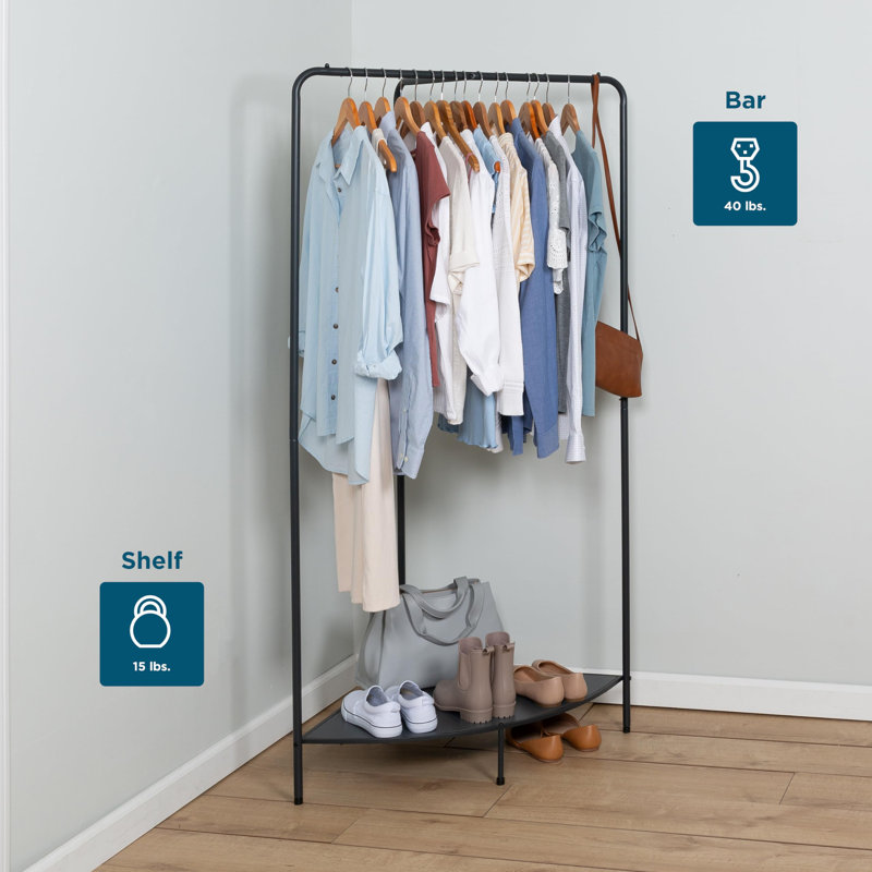 Black Steel Freestanding Corner Clothing Rack with Dark Gray Wood Shelf