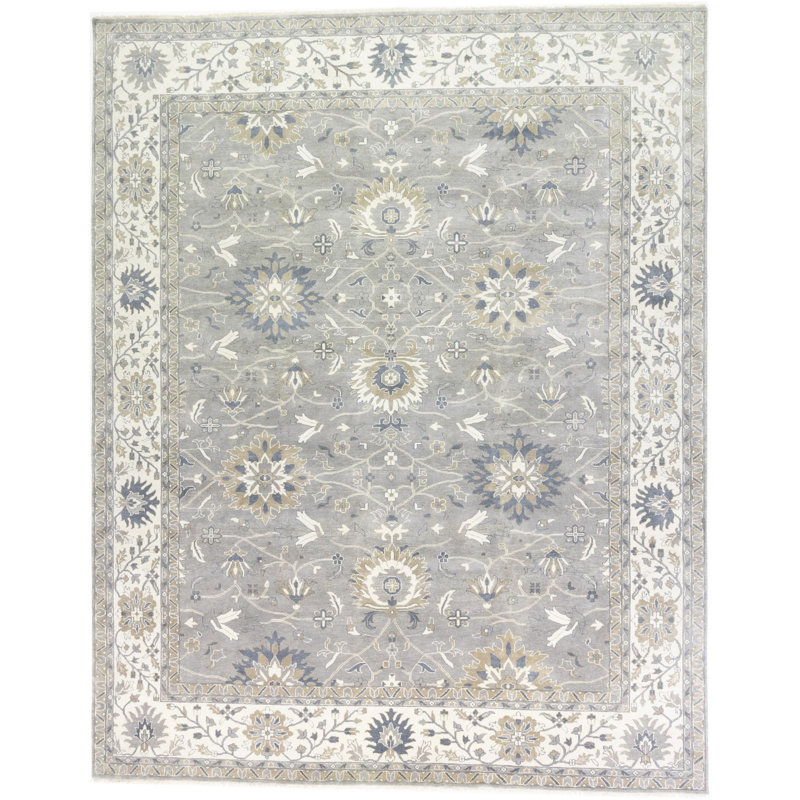Floral Handmade Hand-Knotted Rectangle 11'10" x 14'10" Wool Area Rug in Taupe