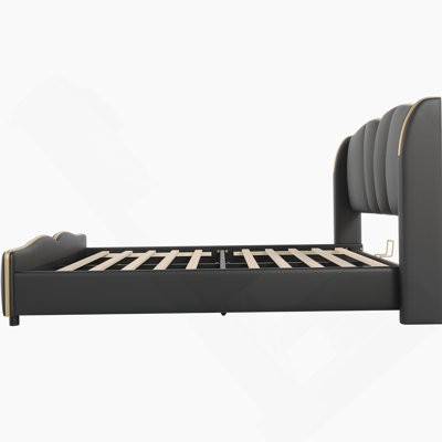 Queen Size Leather Upholstered Bed Frame, Modern Bed Frame With Wingback Head Board, Upholstered Platform Bed With Wavy Footboard, No Spring Box Needed, Black