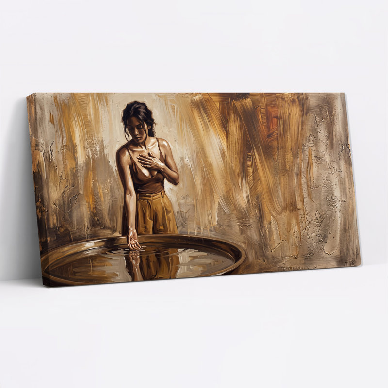 Femme touchant l'eau, style coups de pinceau dorés, tableau sur toile, 32“W x 16”H