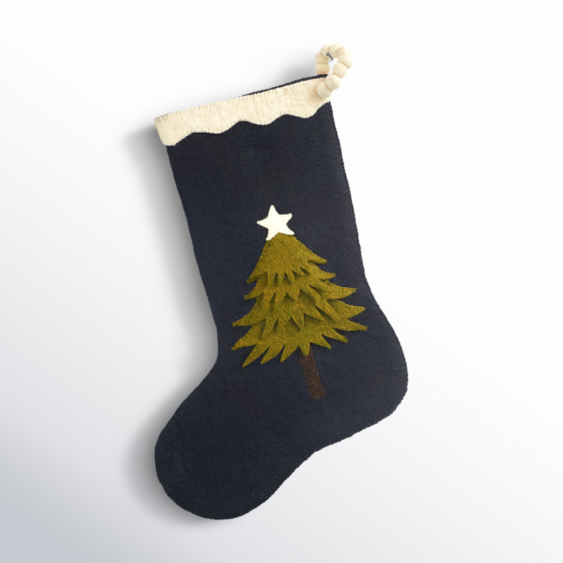 Hand Felted Wool Christmas Stocking - Tree on Navy Blue
