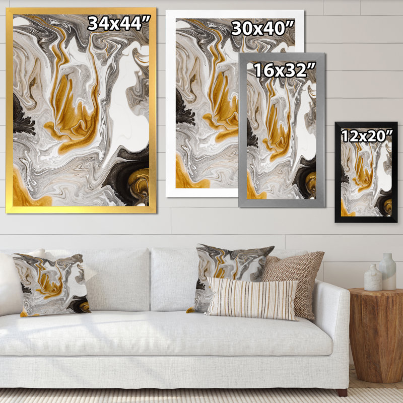 Vague de marbre doré et noir V - peinture sur toile, H 44 po x l 34 po x P 1,5 po, Cadre doré