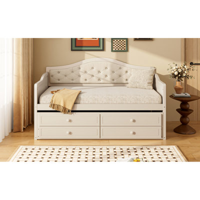 Lit de jour simple avec lit gigogne, lit de jour simple avec 2 tiroirs de rangement, canapé-lit en bois avec dossier capitonné à boutons pour le salon, la chambre à coucher, la chambre d'amis, beige