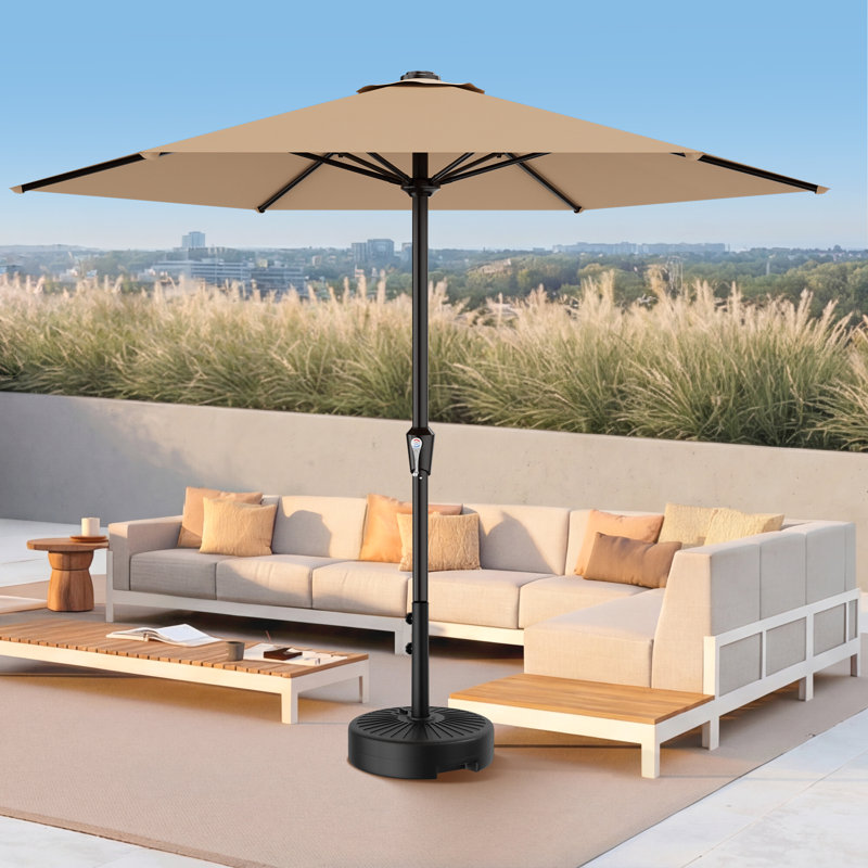Parasol de patio en acier de 11 pi avec système de levage à manivelle et 6 parasols de table résistants et imperméables parfaits pour la piscine, la terrasse, la plage et le restaurant extérieur, beige