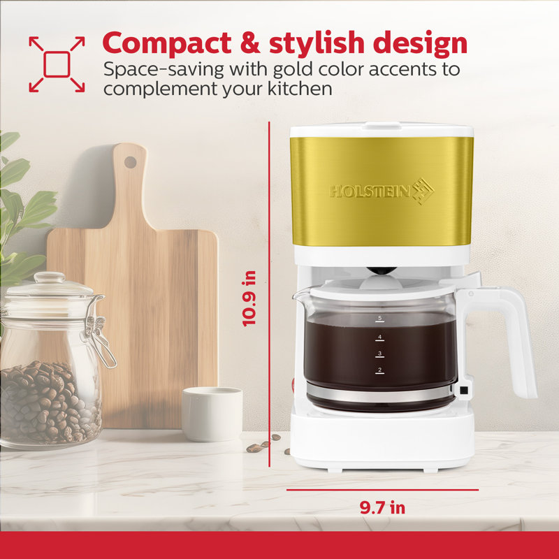 Cafetière 5 tasses Holstein Housewares Pause N Serve, fonctionnement à une touche, plaque chauffante antiadhésive, indicateur de niveau d'eau - filtre réutilisable - conception compacte, blanc et or 