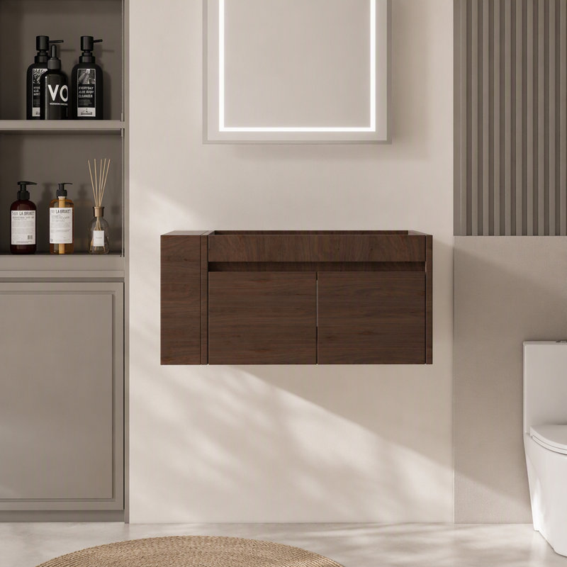 Meuble-lavabo flottant 36 po, contreplaqué, double tiroir à fermeture douce, rangement intérieur spacieux, compartiment de rangement latéral ouvert, fixation murale, armoire seulement, lavabo non inclus, blanc