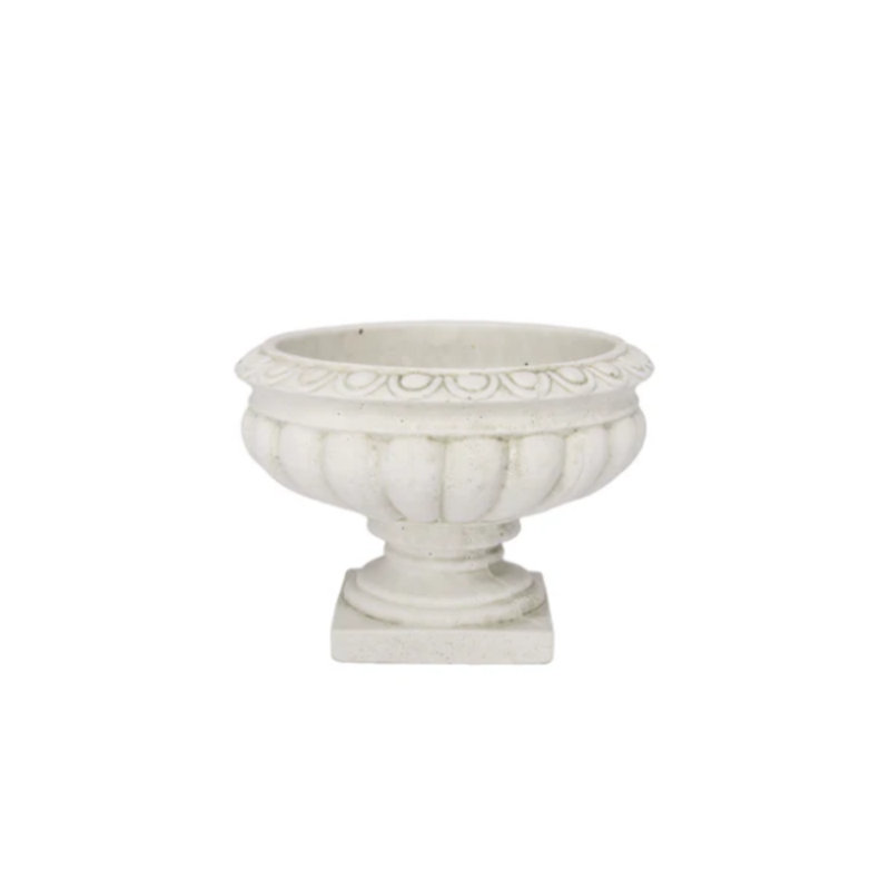 Cement Low Classic Urn Vase Md Antique White Wash Finish, 8" H x 12.25" W x 12.25" D