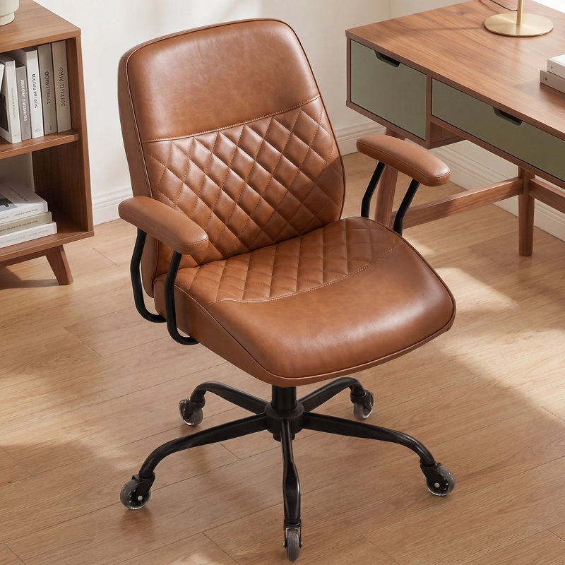 Camellia Ergonomic Faux Leather Executive Office Chair, Mid-Century Desk Chair, Tilting, Roller Blade Wheels, Brown