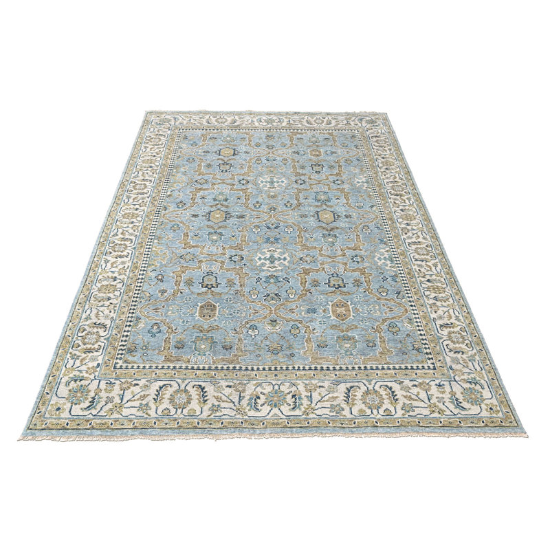 Tapis transitionnel bleu en laine noué à la main 8 pi 11 po x 11 pi 11 po Oushak
