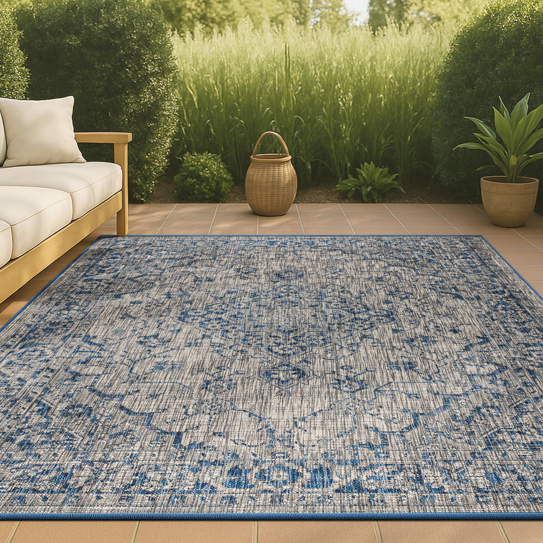 Nate Boho Medallion Textured Weave Gray/Navy Indoor/Outdoor Rug Bungalow Rose Rug 