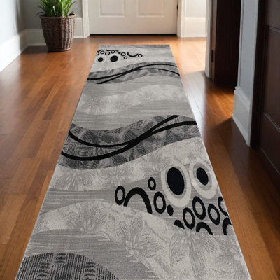 20' Gray And Black Abstract Runner Rug