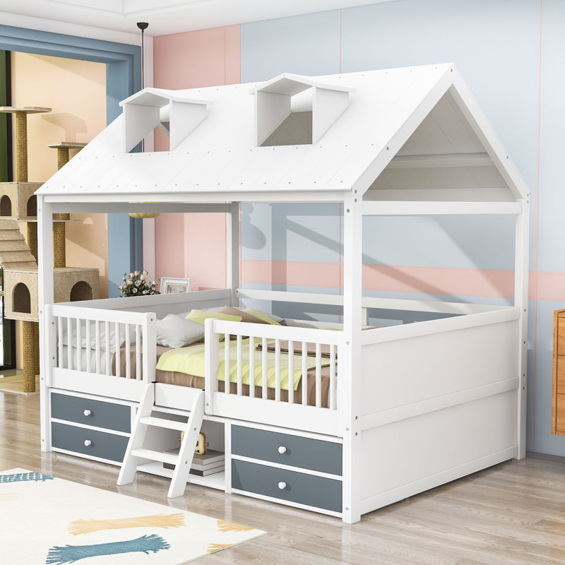 Enchanting Wooden House Bed With Skylights And Ladder, White, Full