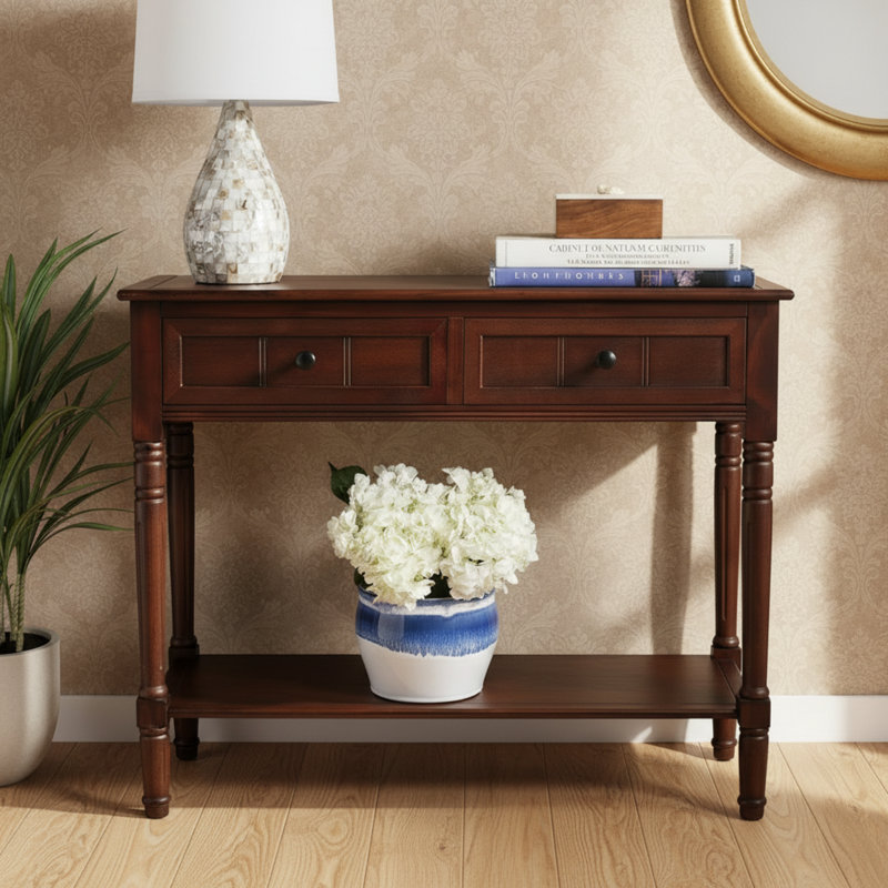 Double-Drawer Dark Cherry Wood Console Table
