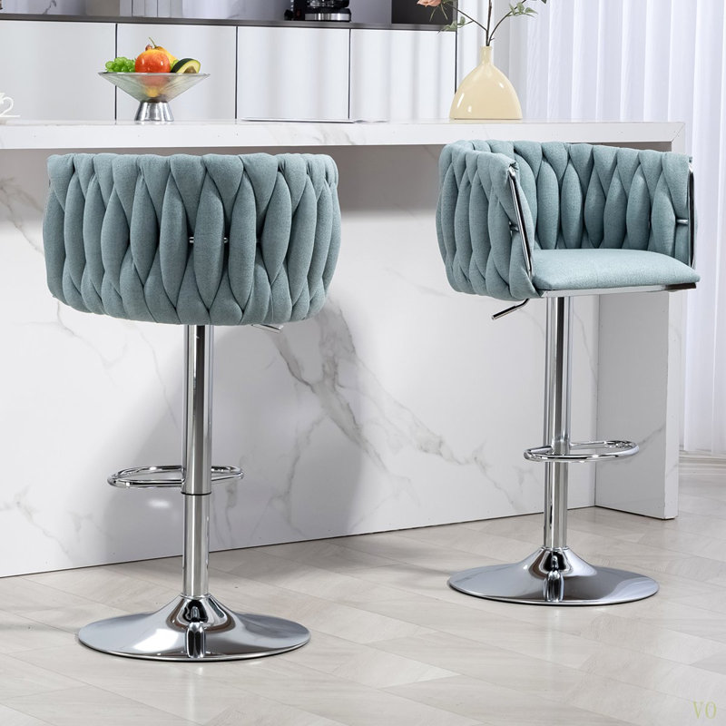 360° Fabric Cover Swivel Bar Stools Set Of 2, Adjustable Counter Height Bar Chairs With Woven Back & Footrest, Chromed  Bar Stools For Kitchen Island, Cafe, Pub