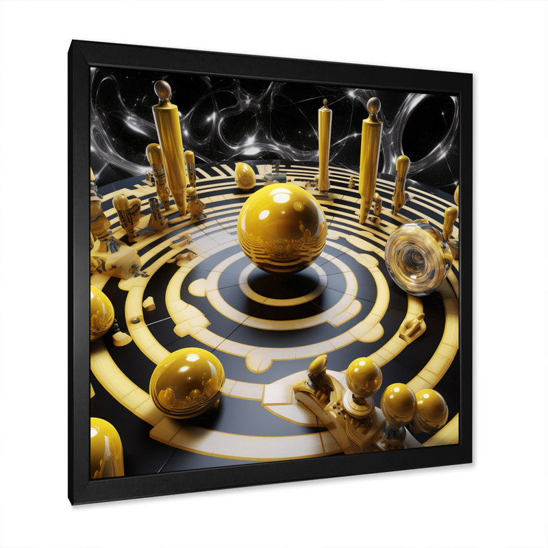Futuriste circulaire sphère dorée - reproduction sur toile, Cadre simple noir, H 24 po x l 24 po x P 1 po