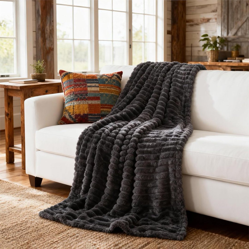 Striped Plush Lightweight Throw Blanket, Ultra Soft & Cozy for Sofa Couch Bed, Machine Washable, 150cm x 200cm, Dark Grey
