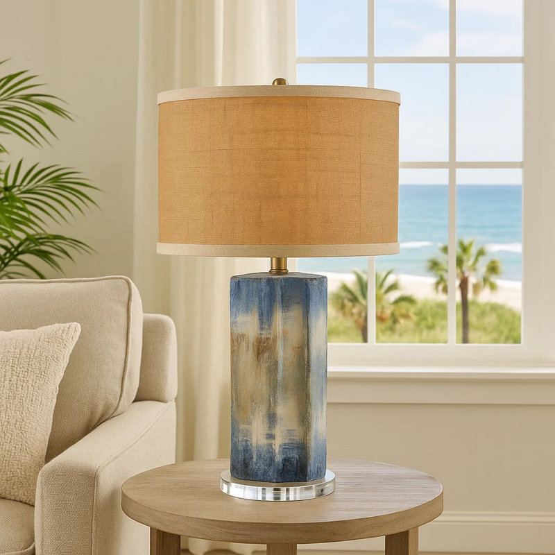 Lampe de table Absy, abat-jour en raphia ovale brun, abstrait bleu 23 po