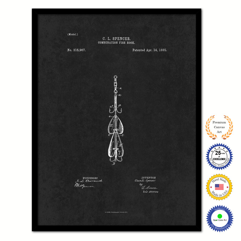 " 1885 Fishing Combination Fish Hook Vintage Patent Artwork ", 37" H x 28" W