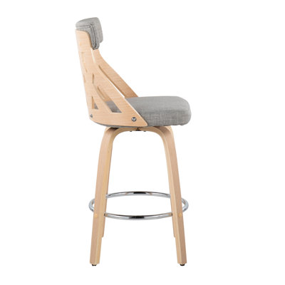 Tabouret de comptoir Mid-Century moderne de 26 po en bois naturel et tissu gris clair avec repose-pieds chromé By