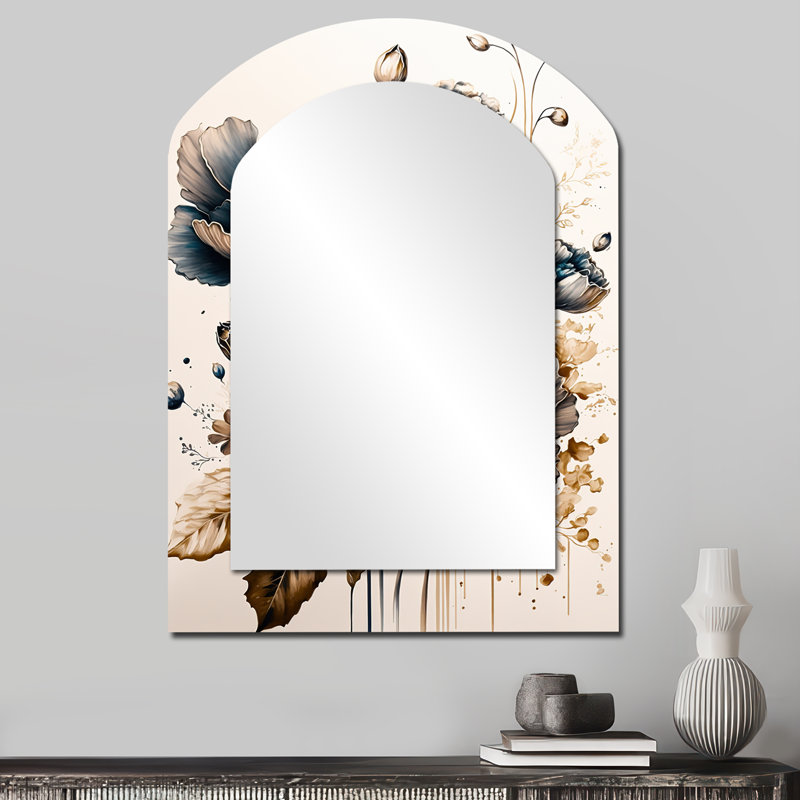 Miroir mural asymétrique bleu marine et doré I - coquelicot unique, 34 po x 25 po