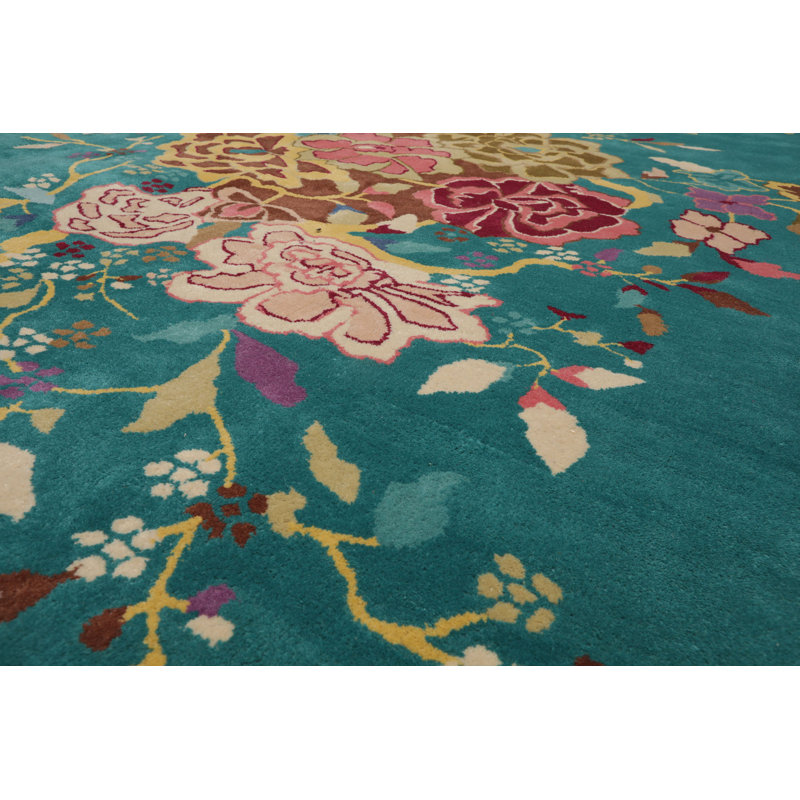 Tapis multicolore à motif floral touffeté à la main turquoise, Rectangle de 5 pi x 8 pi