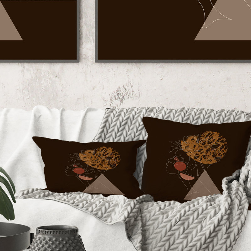 Coussin noir «Black Woman Afro Portrait One Line Art II», 16 po x 16 po