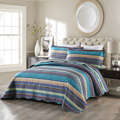  Ensemble de courtepointe réversible en microfibre bleue 3 pièces