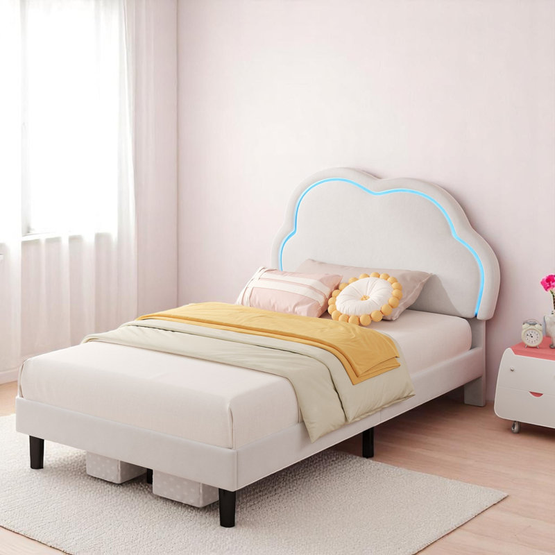  Velvet  3Ft Single Upholstered Bed With LED Adjustable Headboard, White