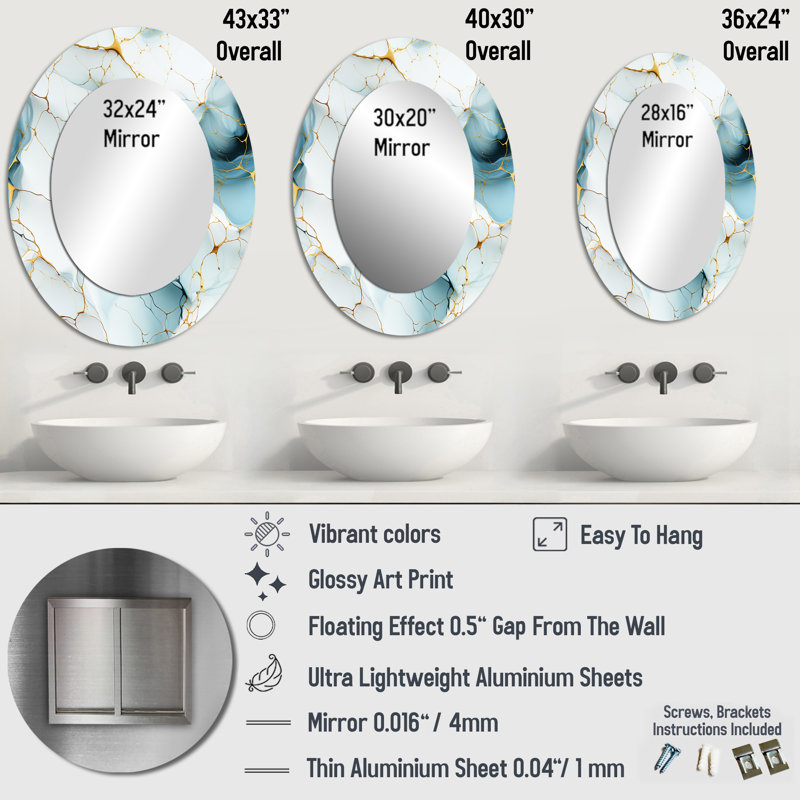 Oriental Elegance Marble Motif - Miroir décoratif ovale en marbre sur métal, H 36 po x l 24 po
