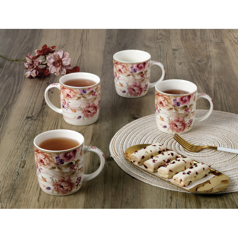 Set of 4 Pink Floral Ceramic Coffee Mugs