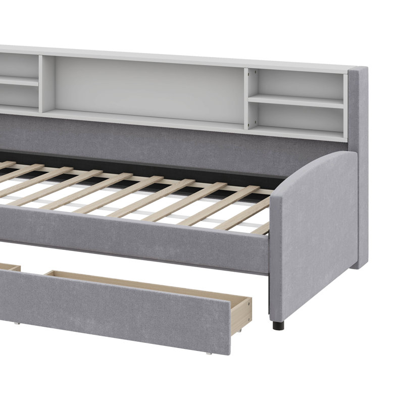 Lit plateforme simple tapissier avec tiroirs, Gris
