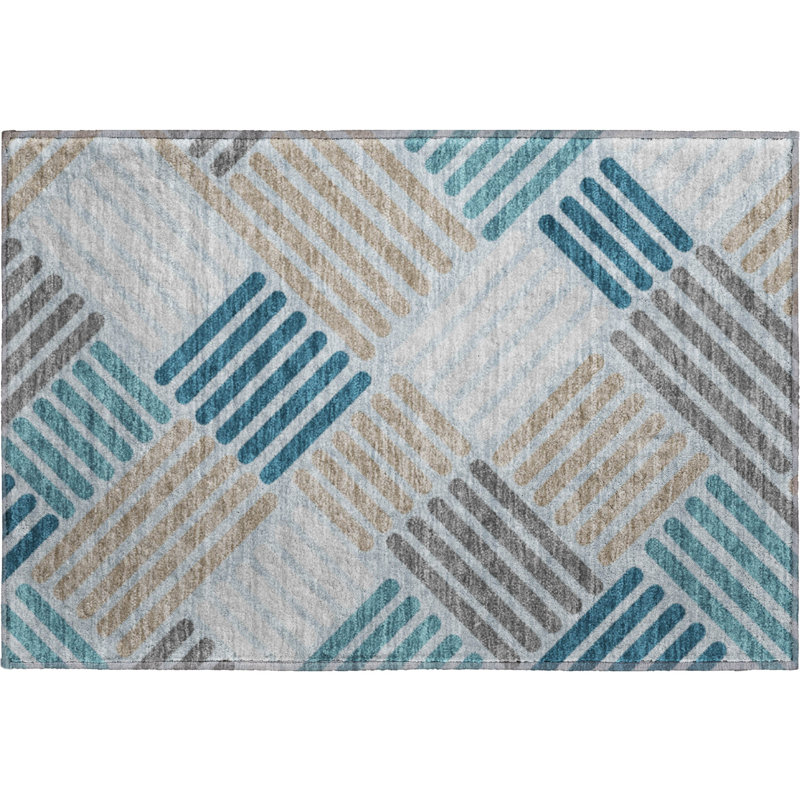 Premium Machine Washable Mayfield AMF2339 Geometric Rug, Teal, 2'6" x 3'10"