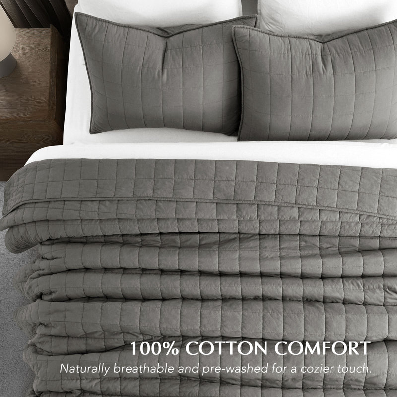 100% Cotton Box Stitch Quilt Set, King Quilt + 2 King Shams, Dark Gull Gray