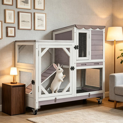 Cage à lapin intérieure à 2 étages avec conception résistante à la mastication et plateaux coulissants - Cage en bois pour petits animaux Cages de cobaye avec roues verrouillables pour 2 à 3 lapins, lapins, cochons d'Inde (gris)