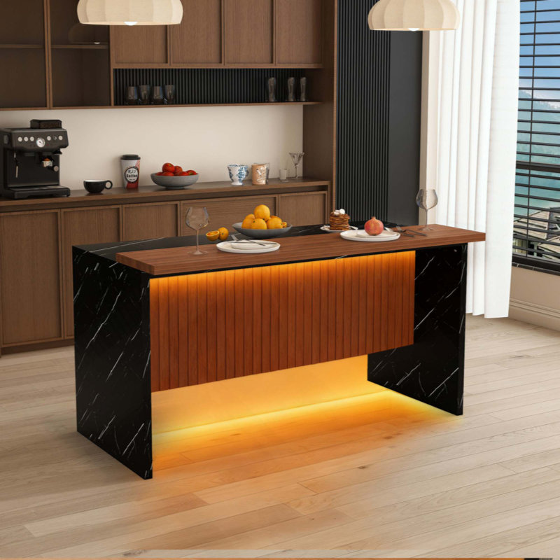 Modern Kitchen Island With Marble-Look Surface, LED Lights & Grille Design For Dining Room, Living Room(Island Only)