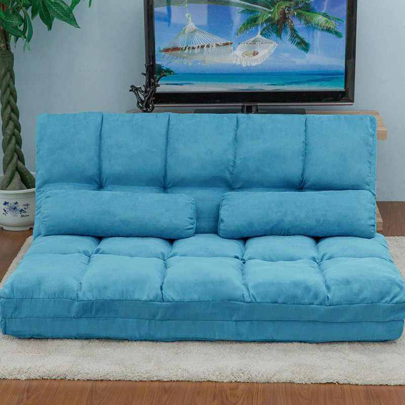 Laredo Double Chaise Lounge Sofa Reclining Floor Game Chair Floor Couch and Sofa with Two Pillows, Blue Fabric