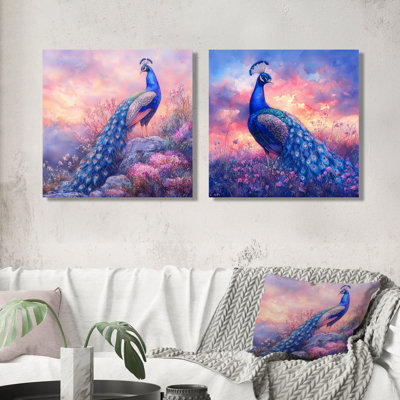 Paon dans un champ de lavande I - décoration murale oiseau - art mural moderne 2 pièces