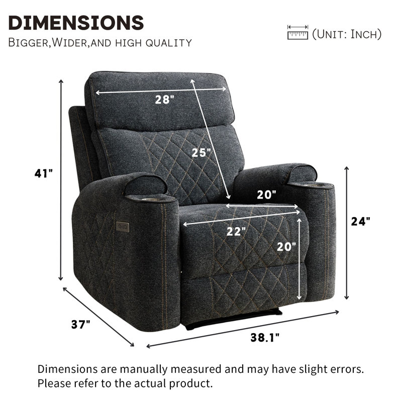 Burhamedin 38.8" W Chenille Power Recliner, Dark Gray Chenille