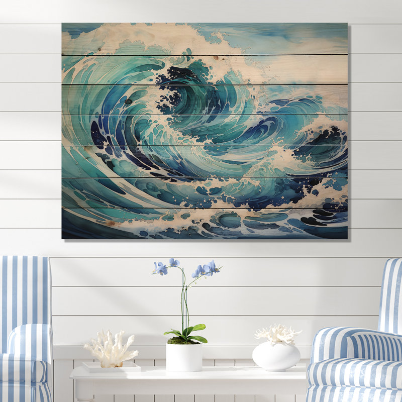 Blue Wave, tempête de mer, art sur bois de pin naturel, H 30 po x l 40 po
