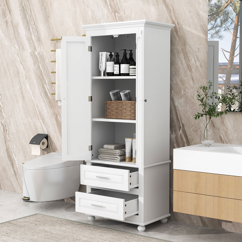 Tall Freestanding Bathroom Storage Cabinet with Two Drawers, Adjustable Shelf and Anti-Tipping Design, White