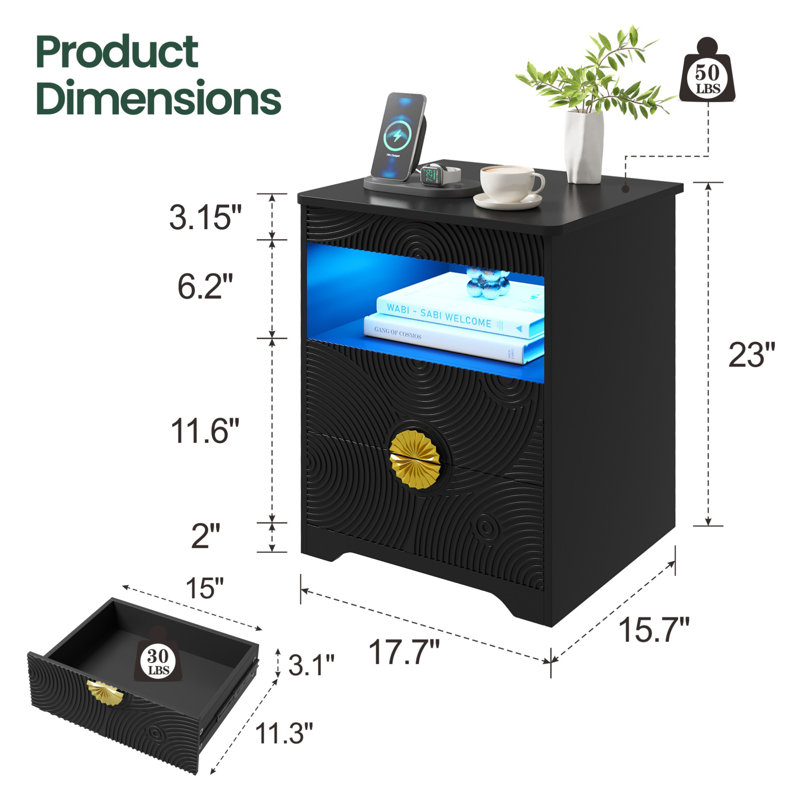 17.7" W 2 - Drawer Nightstand with LED light and Charging Station, Black