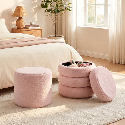 Ensemble de 2 tabourets ronds en velours avec couvercle amovible, repose-pieds de rangement moderne pour la chambre à coucher