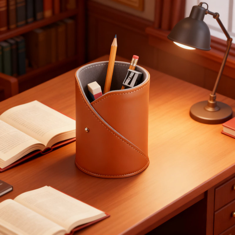 French Vintage Leather Desk Organizer For Pens, Pencils, Makeup Brushes - Multipurpose Storage Holder For Kids Room, Study, Vanity