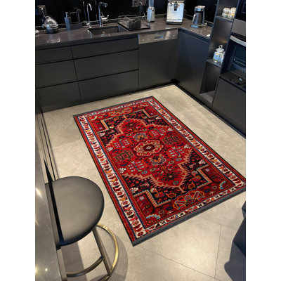 Burgundy-Black Themed Traditional Motif Ethnic Floral Patterned Fringed Vintage Decorative Rug