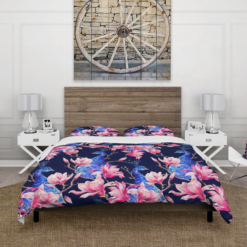 Paon Phinehas et fleurs de magnolia roses II - ensemble de housse de couette traditionnel - microfibre de polyester