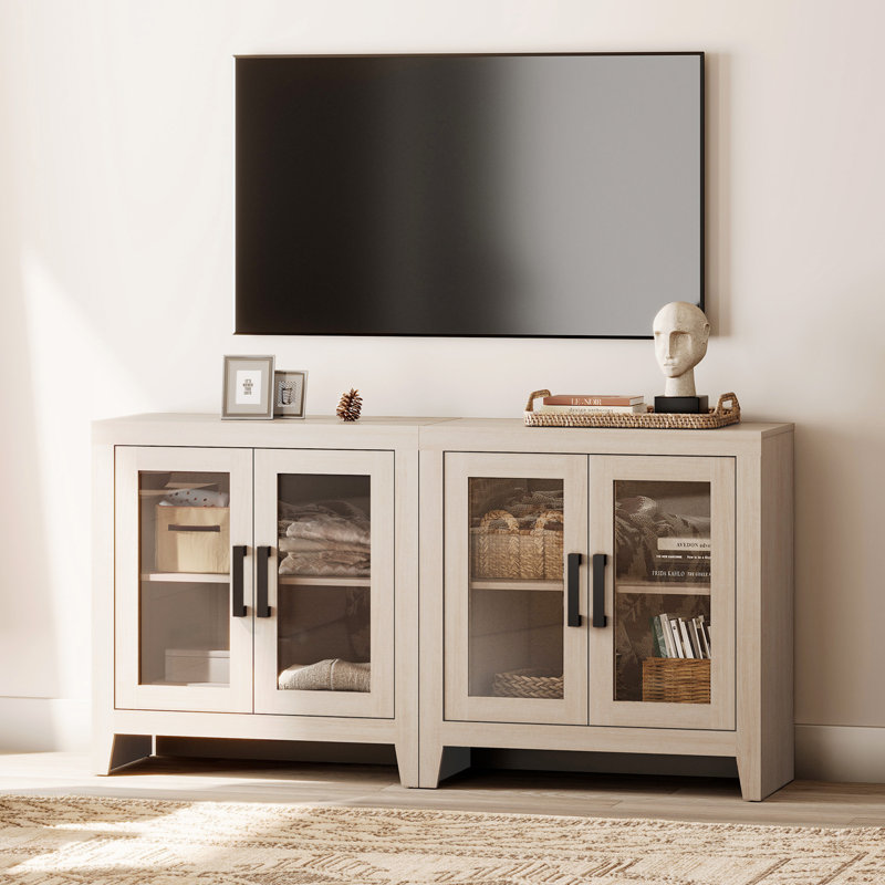 Farmhouse Entertainment Center With Bookshelves, 4-Piece Modular TV Stand With Drawers, Glass Doors, Open Shelves,  Media Console For Living Room, Home Theater, Beige