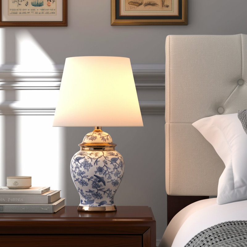 Table Lamp Ceramic And Floral Bird Print With Accents For Home Bedroom Living Room Office Traditional Glam Decor - 19" Blue, White, Gold