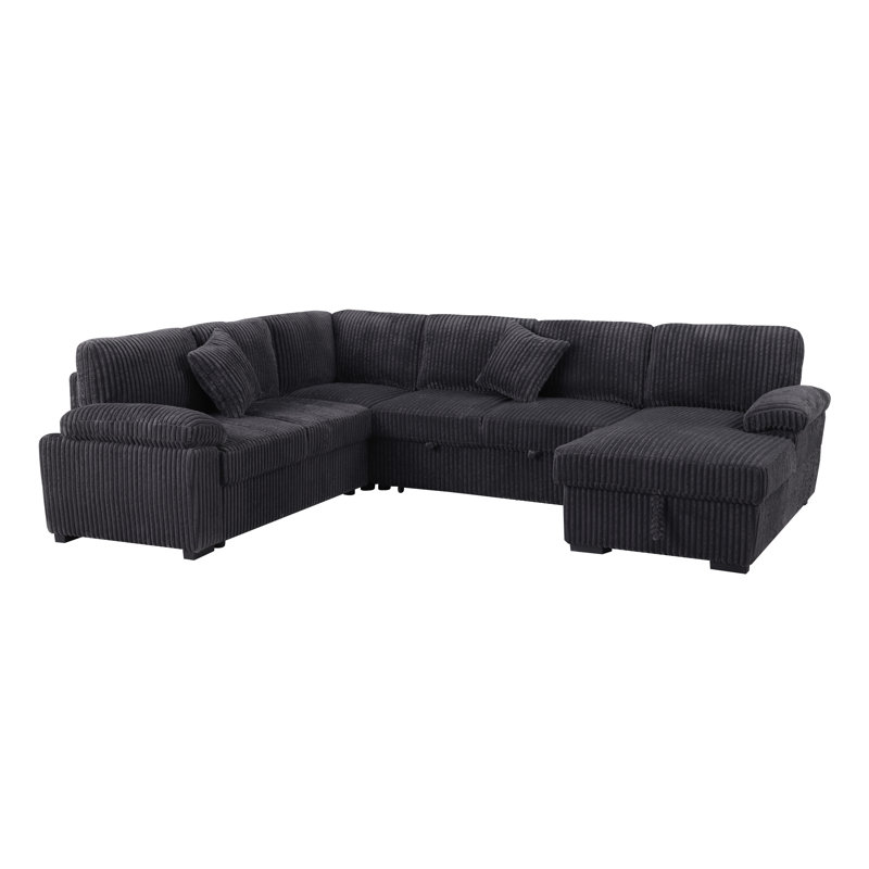 L-Shaped Sectional Sofa Bed Pull Out Sleeper Couch With Storage Chaise, Dark Gray Corduroy