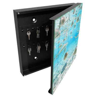 Key storage box, Opens to the right, 30x30x5, White, Coral reefs full of life and harmony, 