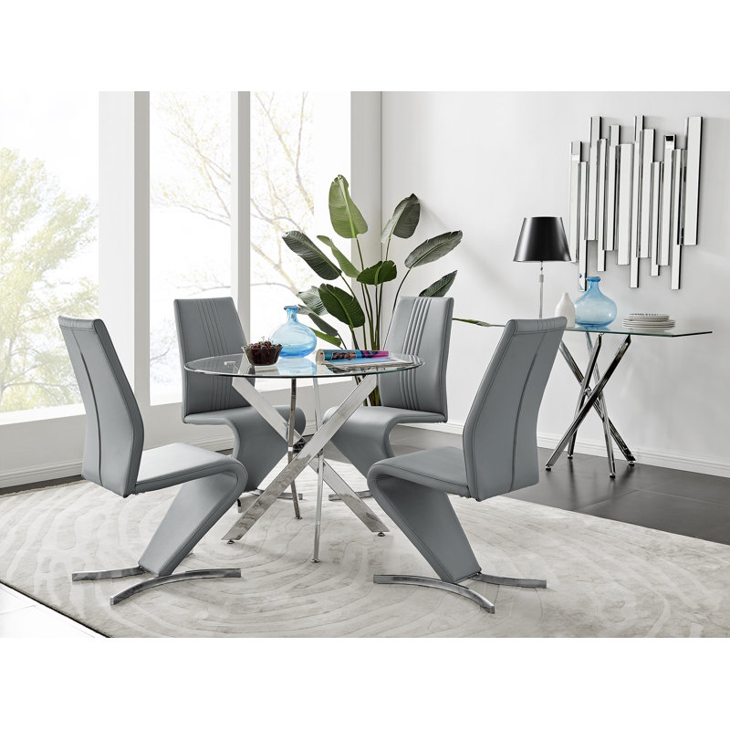 Tierra Sleek Metal and Glass Round Dining Table Set with 4 Faux Leather Upholstered Dining Chairs, Elephant Gray